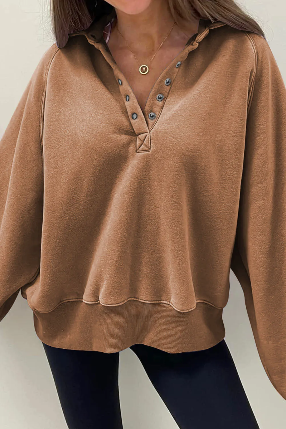 Brown-2 Washed Snap Buttons Lantern Sleeve Pullover Sweatshirt