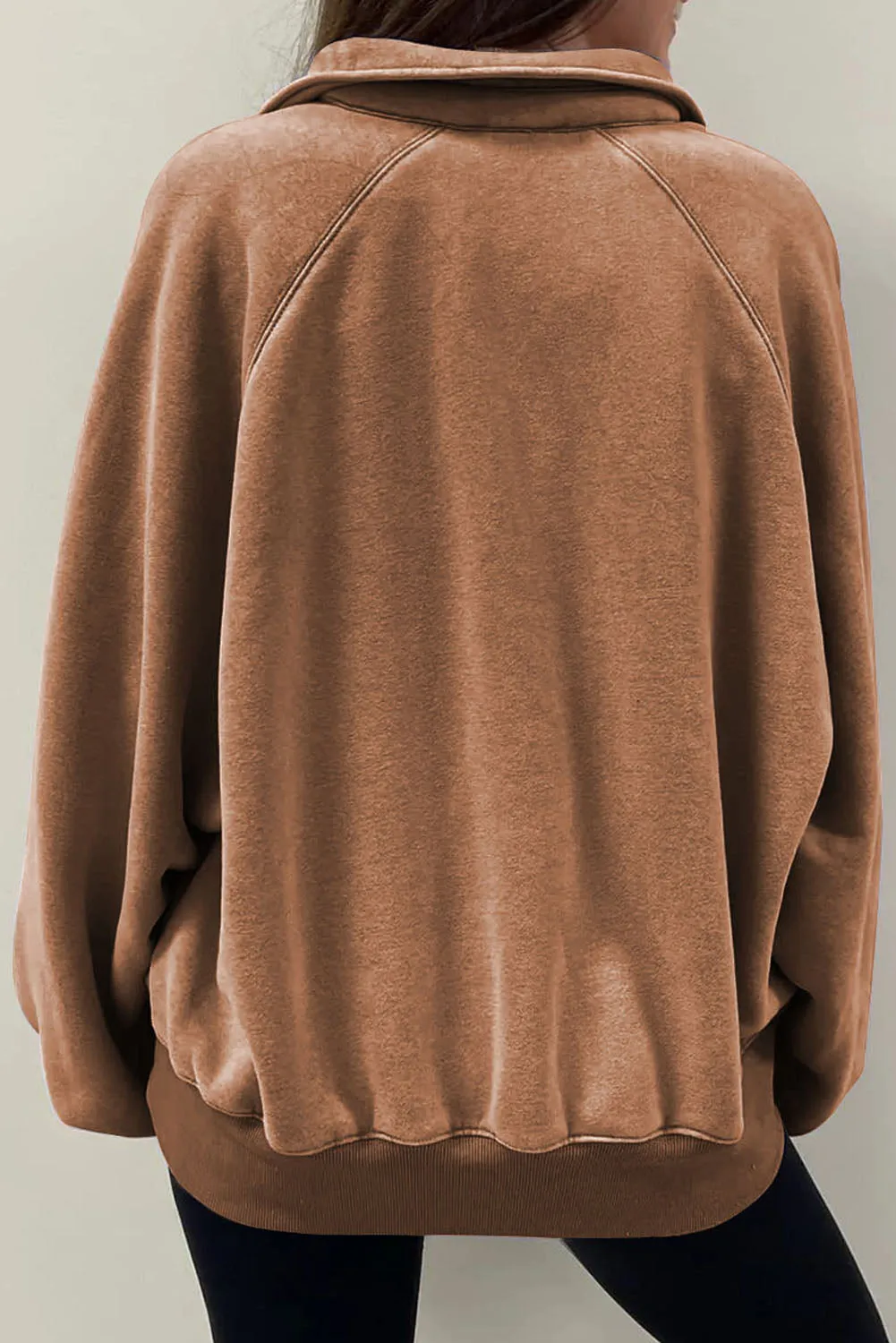 Brown-2 Washed Snap Buttons Lantern Sleeve Pullover Sweatshirt