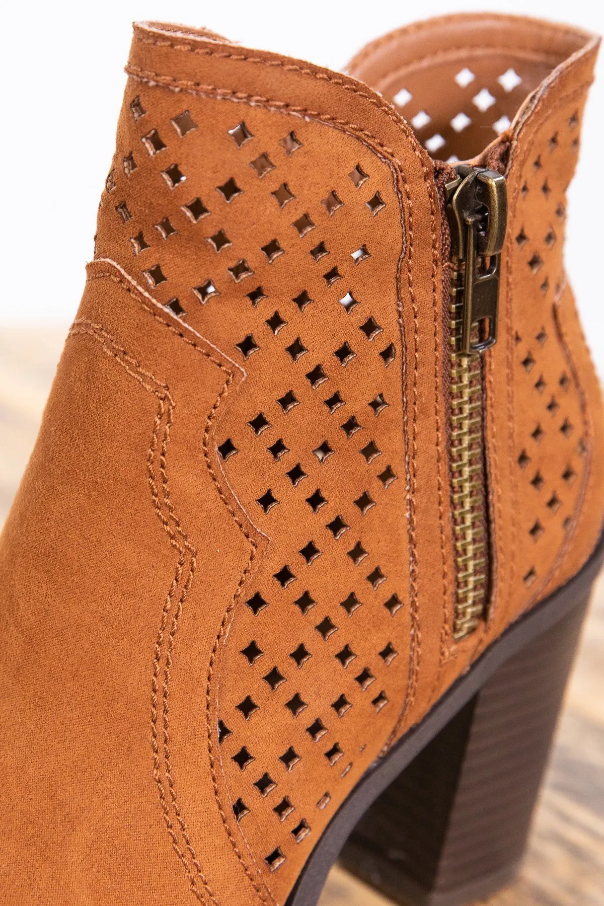 Camel Faux Suede Perforated Detail Bootie