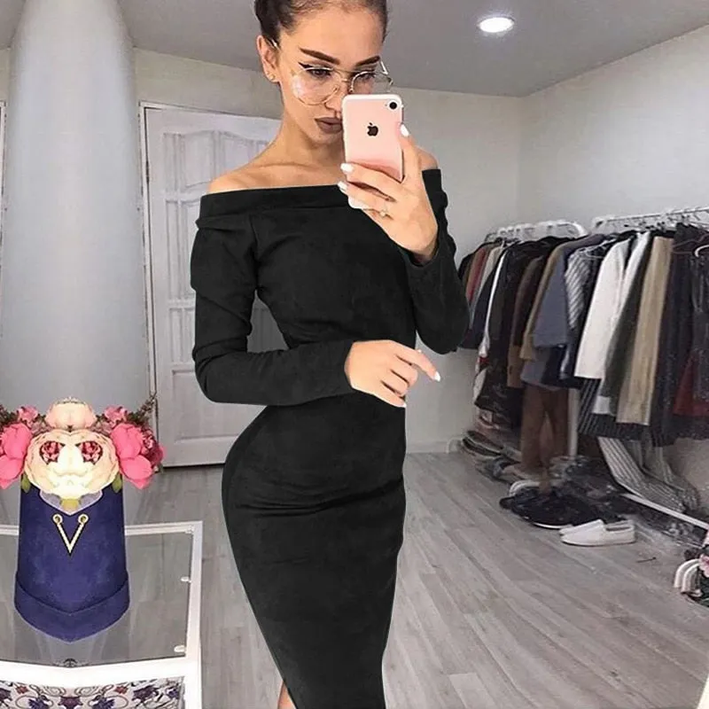 Carrie Swiss Suede Off Shoulder Mid-Calf Dress