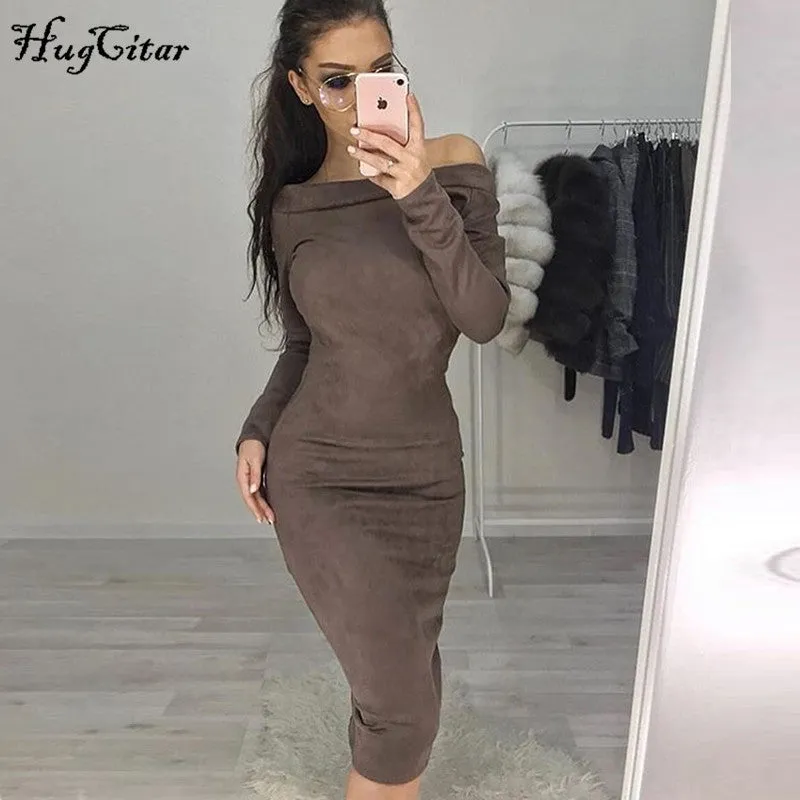 Carrie Swiss Suede Off Shoulder Mid-Calf Dress