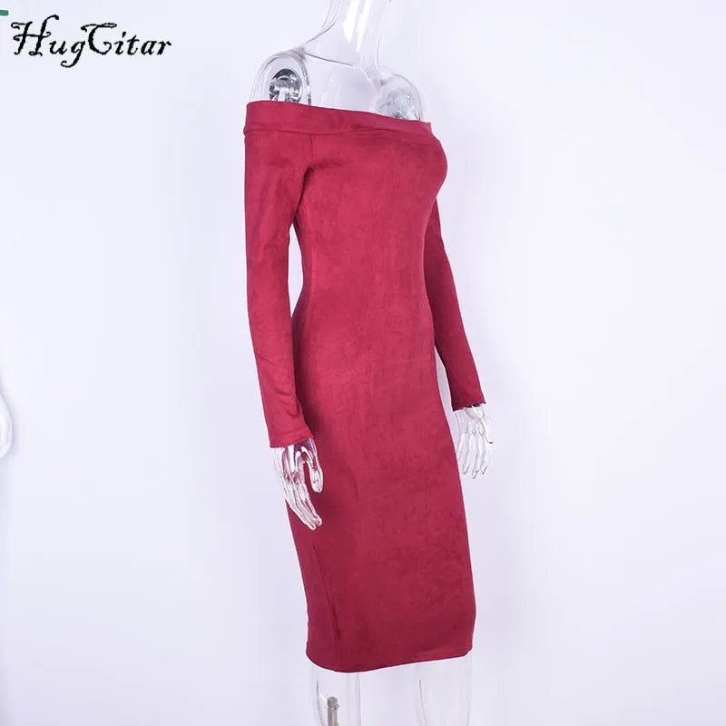 Carrie Swiss Suede Off Shoulder Mid-Calf Dress
