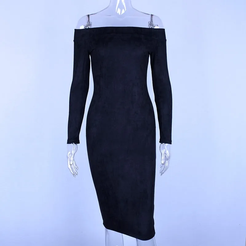 Carrie Swiss Suede Off Shoulder Mid-Calf Dress