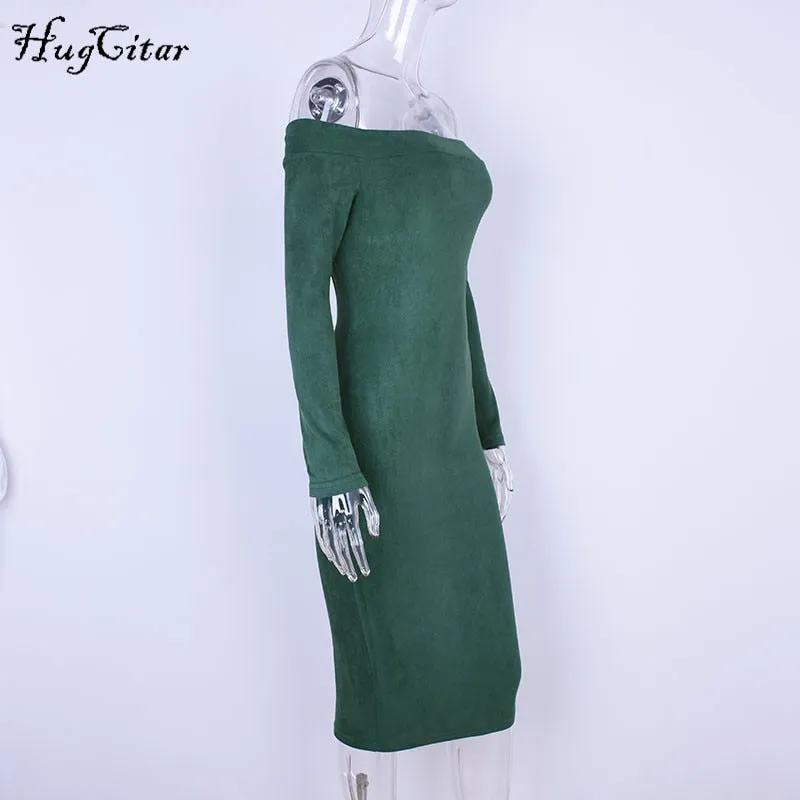Carrie Swiss Suede Off Shoulder Mid-Calf Dress