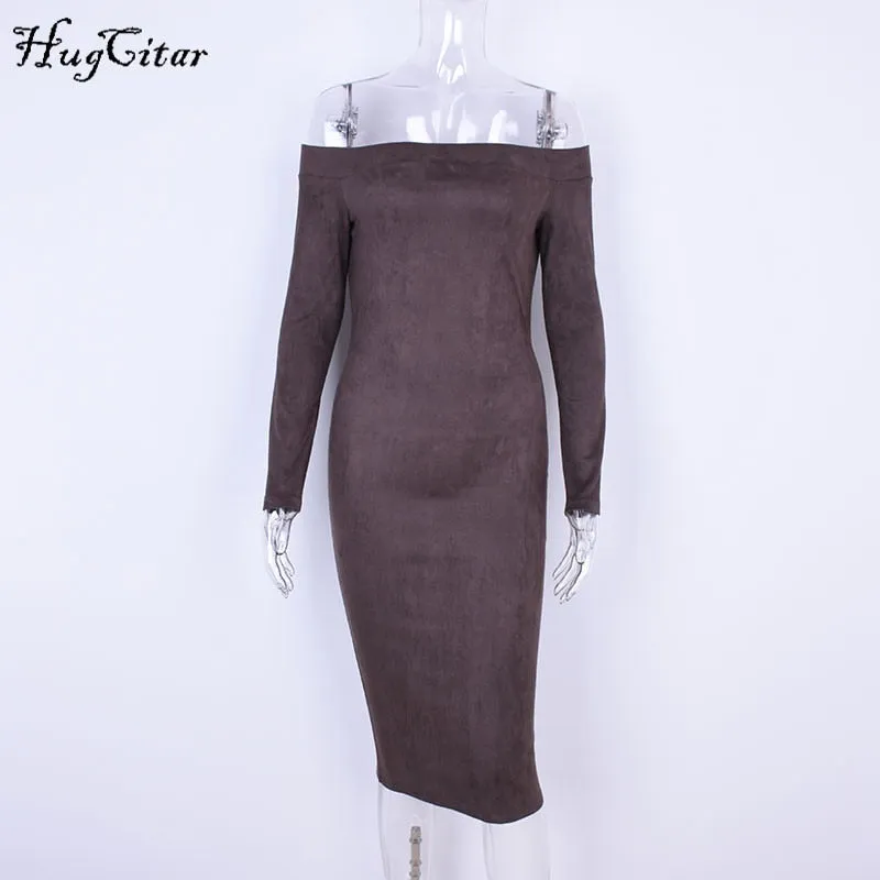 Carrie Swiss Suede Off Shoulder Mid-Calf Dress