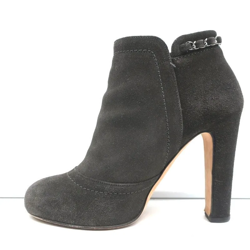 Chanel Chain-Trim Ankle Boots Dark Gray Glitter Suede Size 37 High Heel Booties