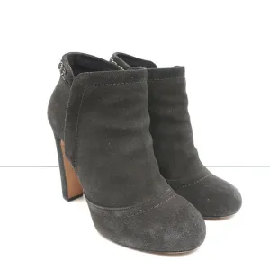 Chanel Chain-Trim Ankle Boots Dark Gray Glitter Suede Size 37 High Heel Booties
