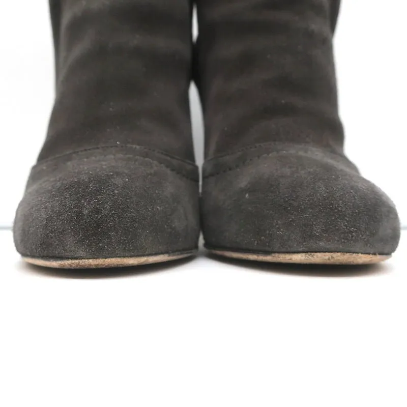 Chanel Chain-Trim Ankle Boots Dark Gray Glitter Suede Size 37 High Heel Booties