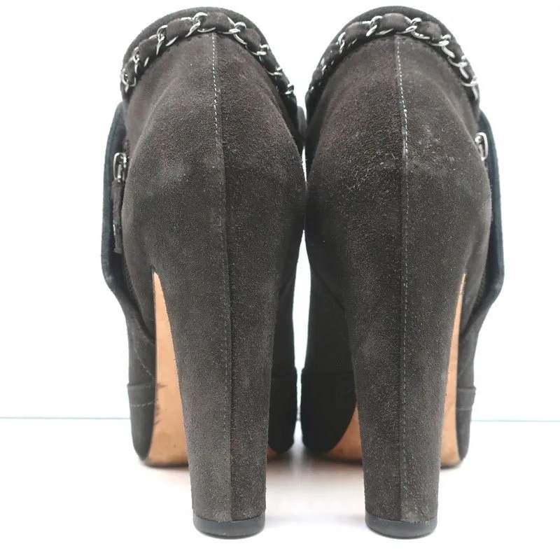 Chanel Chain-Trim Ankle Boots Dark Gray Glitter Suede Size 37 High Heel Booties