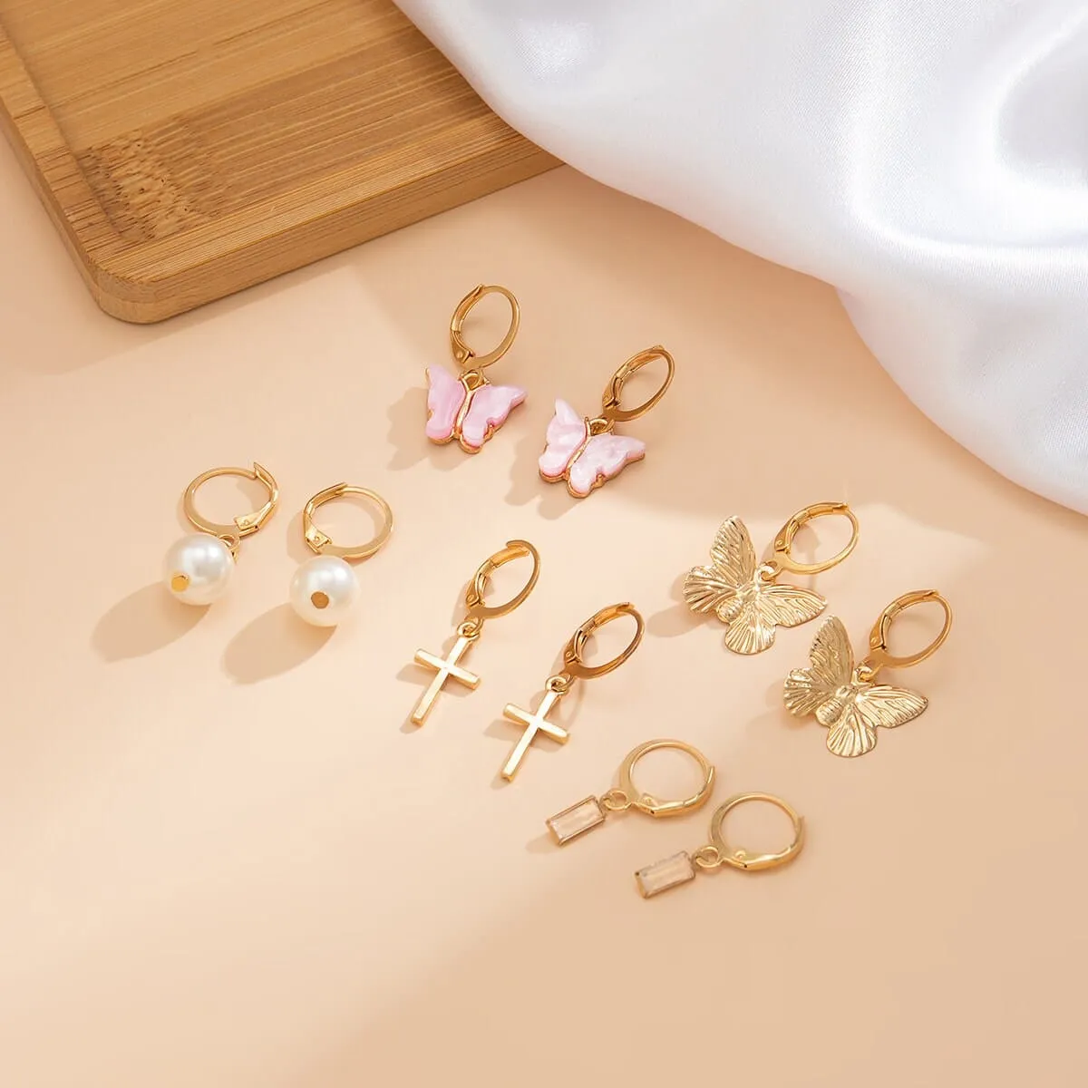 Chic 5 Pairs Butterfly Cross Pearl Dangle Earrings Set