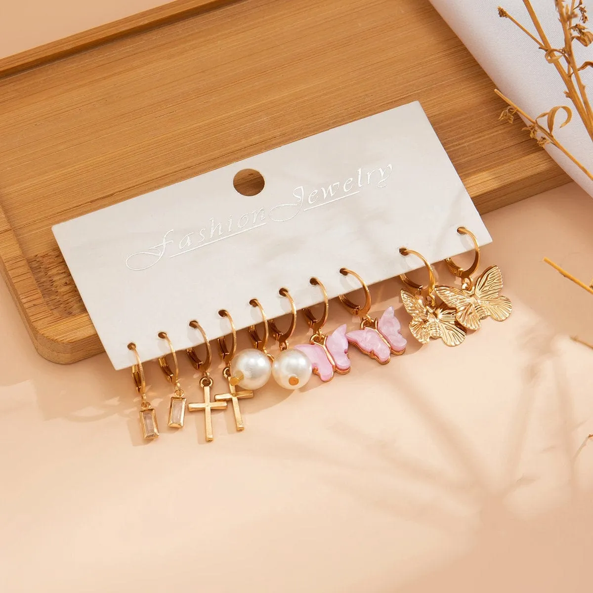 Chic 5 Pairs Butterfly Cross Pearl Dangle Earrings Set