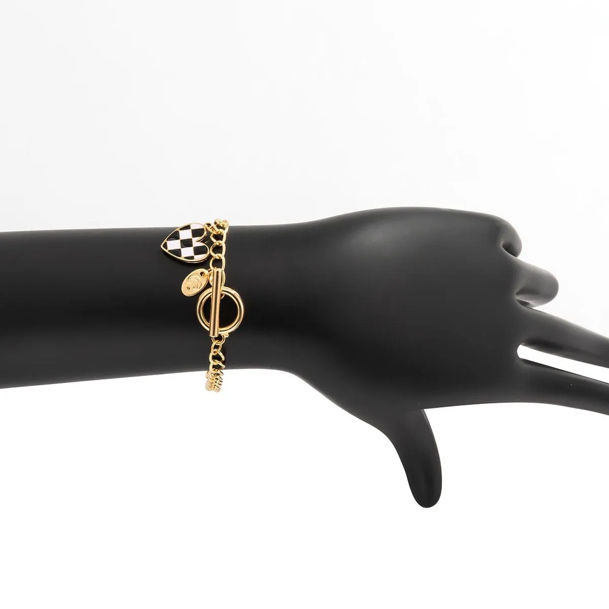 Chic Toggle Clasp Checkered Heart Charm Curb Chain Bracelet
