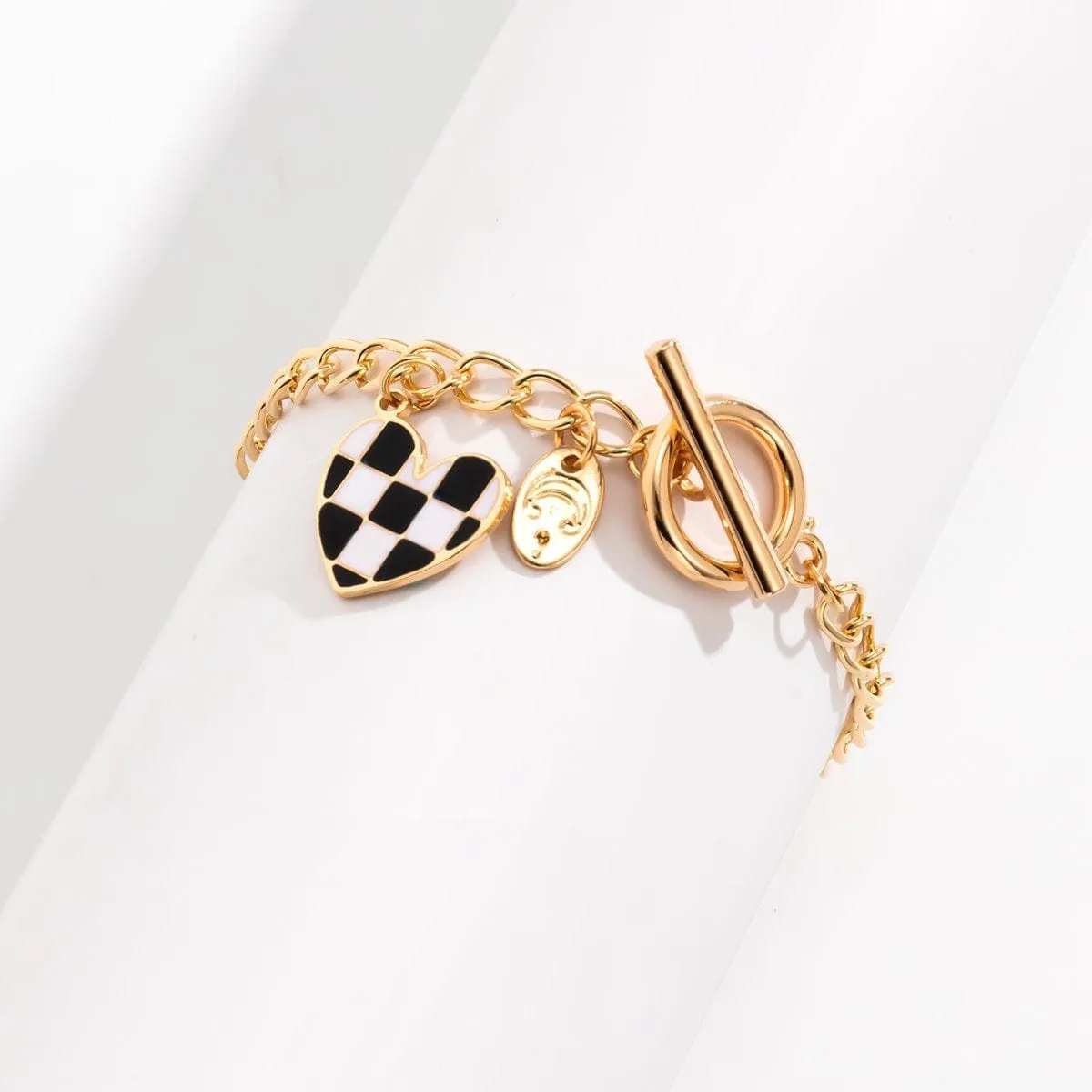 Chic Toggle Clasp Checkered Heart Charm Curb Chain Bracelet