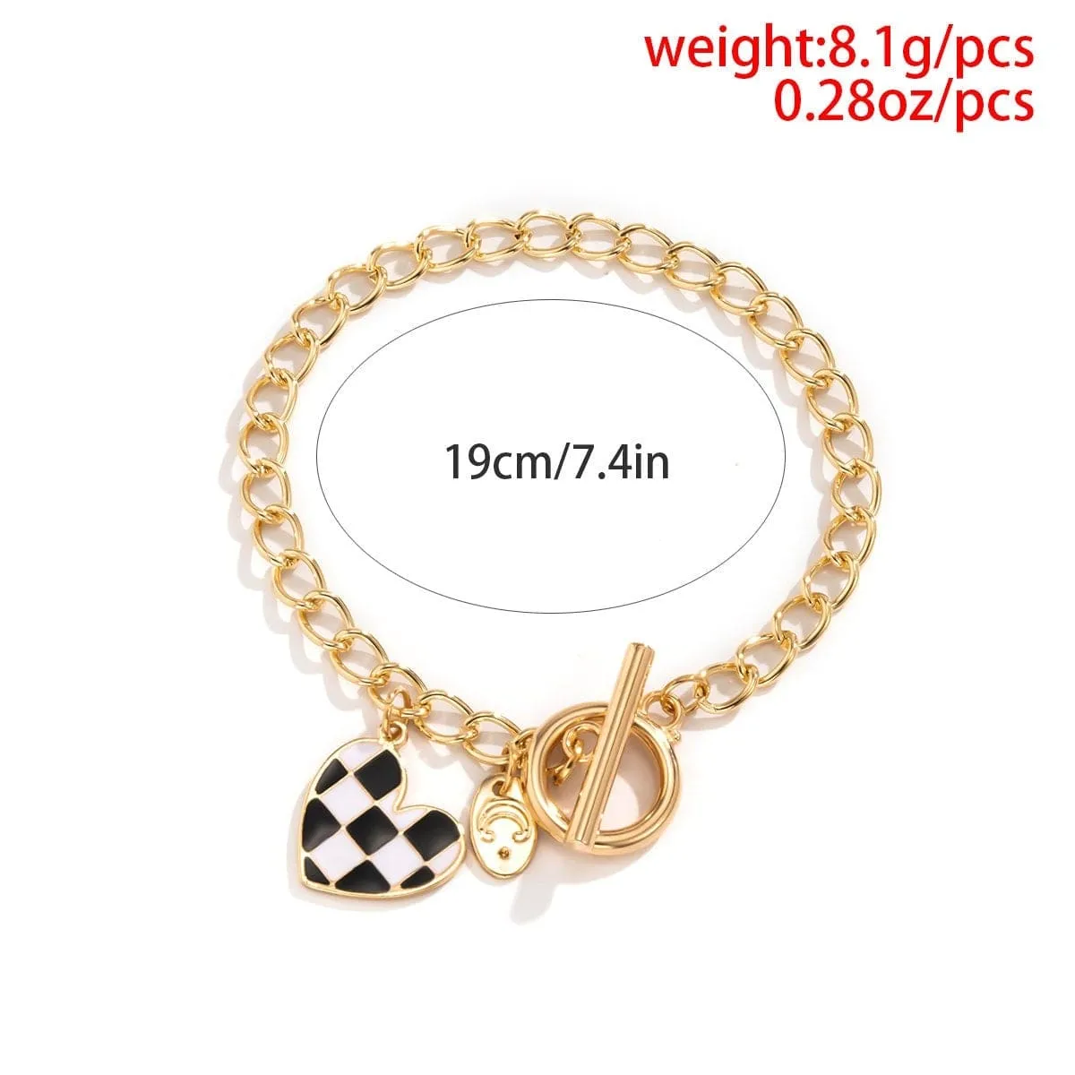 Chic Toggle Clasp Checkered Heart Charm Curb Chain Bracelet