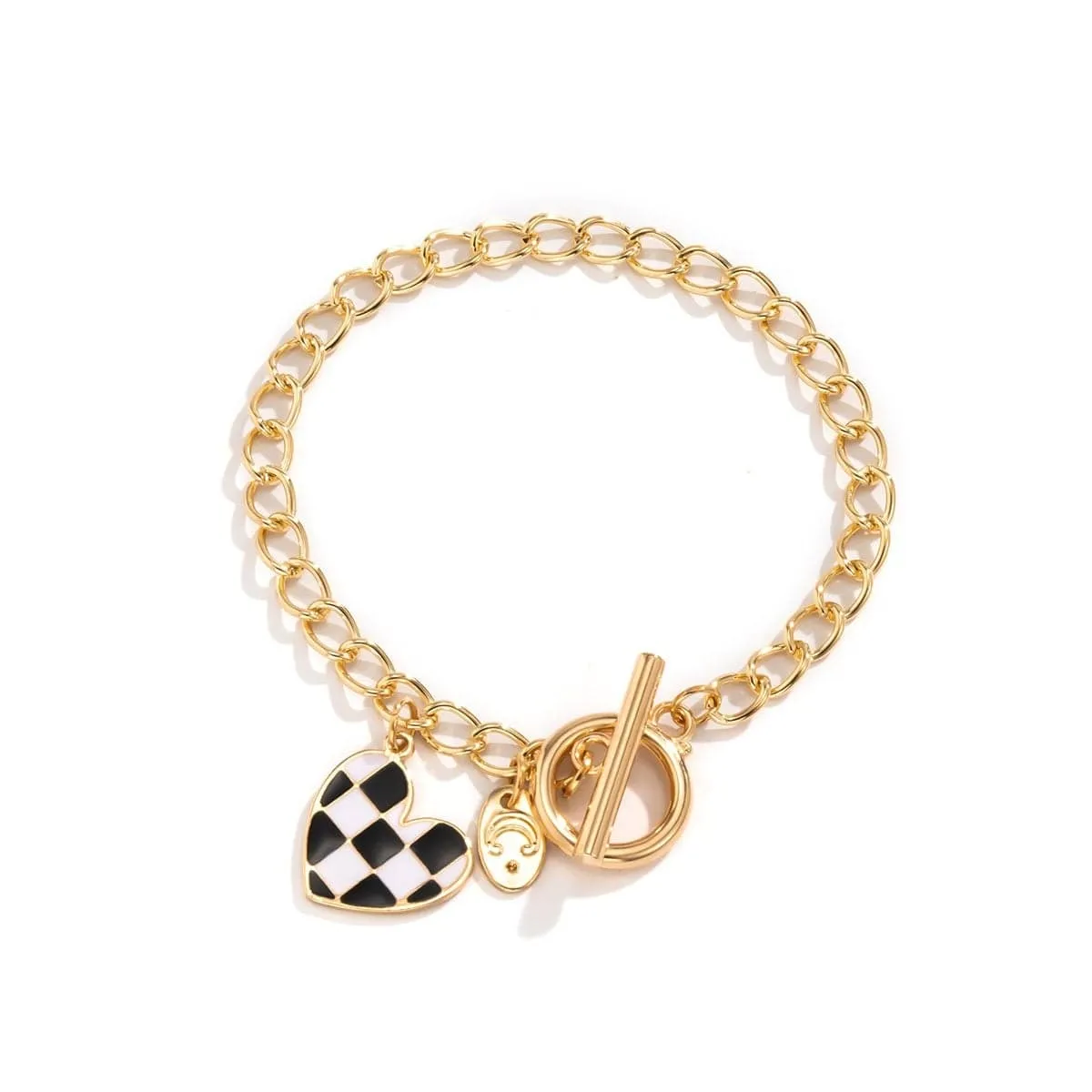 Chic Toggle Clasp Checkered Heart Charm Curb Chain Bracelet