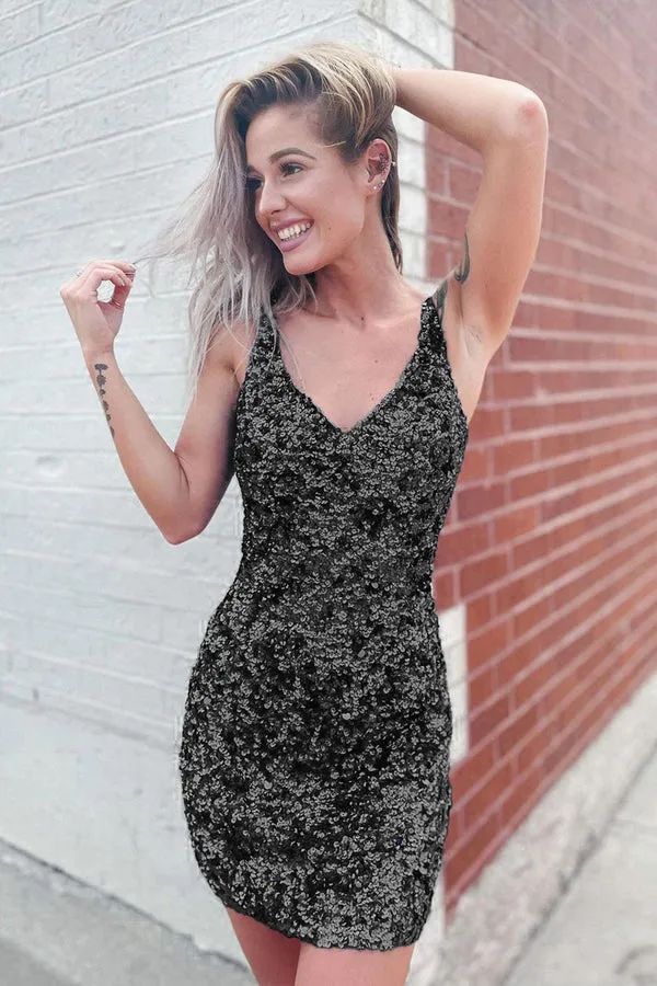 Chic V Neck Open Back Sequins Short Homecoming Dresses
