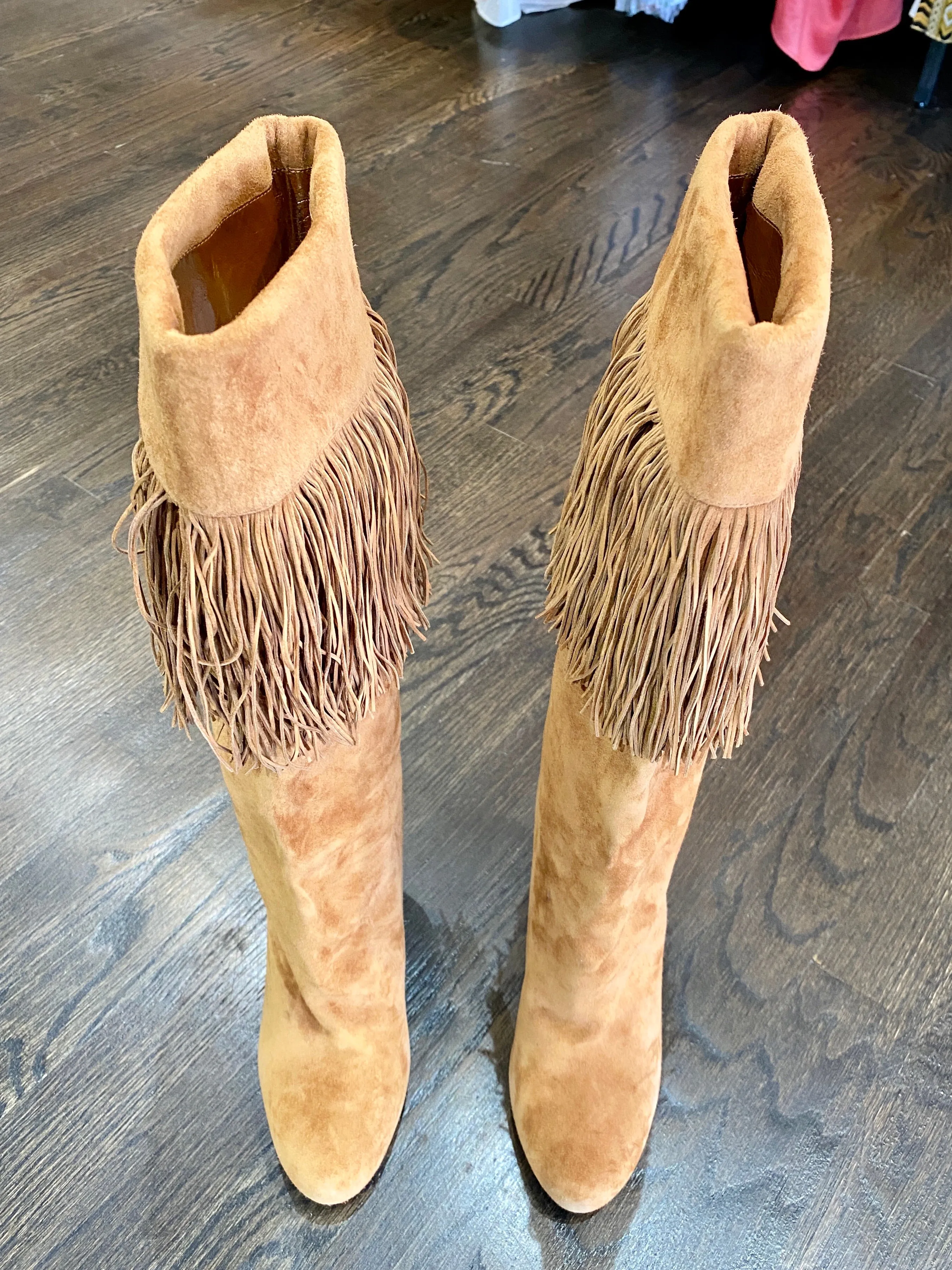 Christian Louboutin Suede Fringe Mid Calf Boot