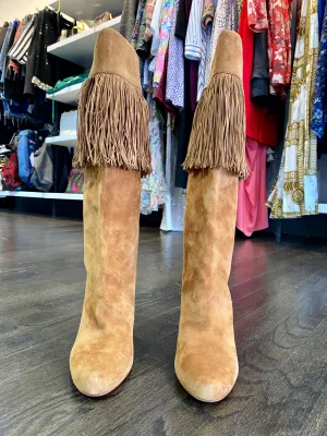 Christian Louboutin Suede Fringe Mid Calf Boot