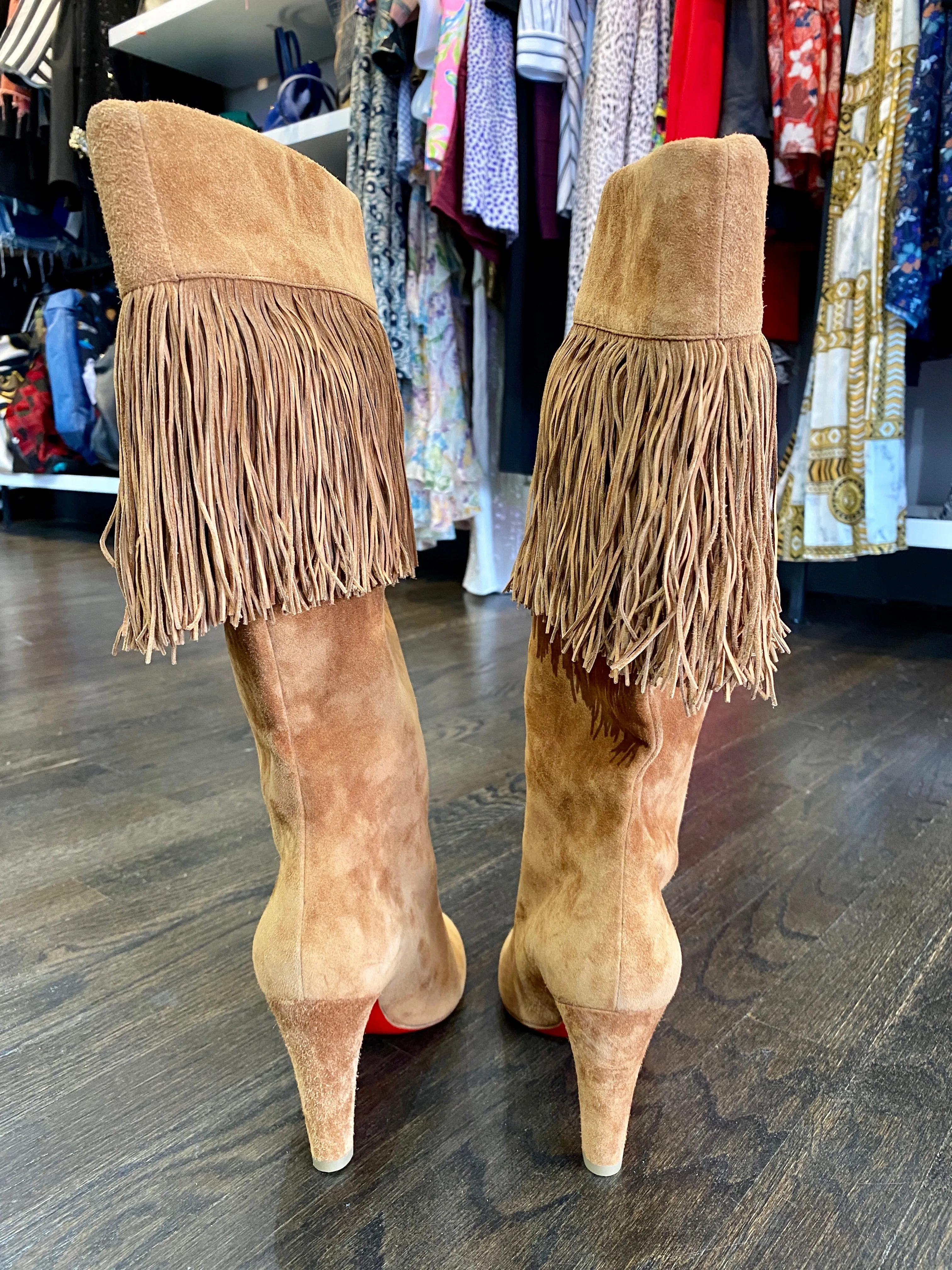 Christian Louboutin Suede Fringe Mid Calf Boot