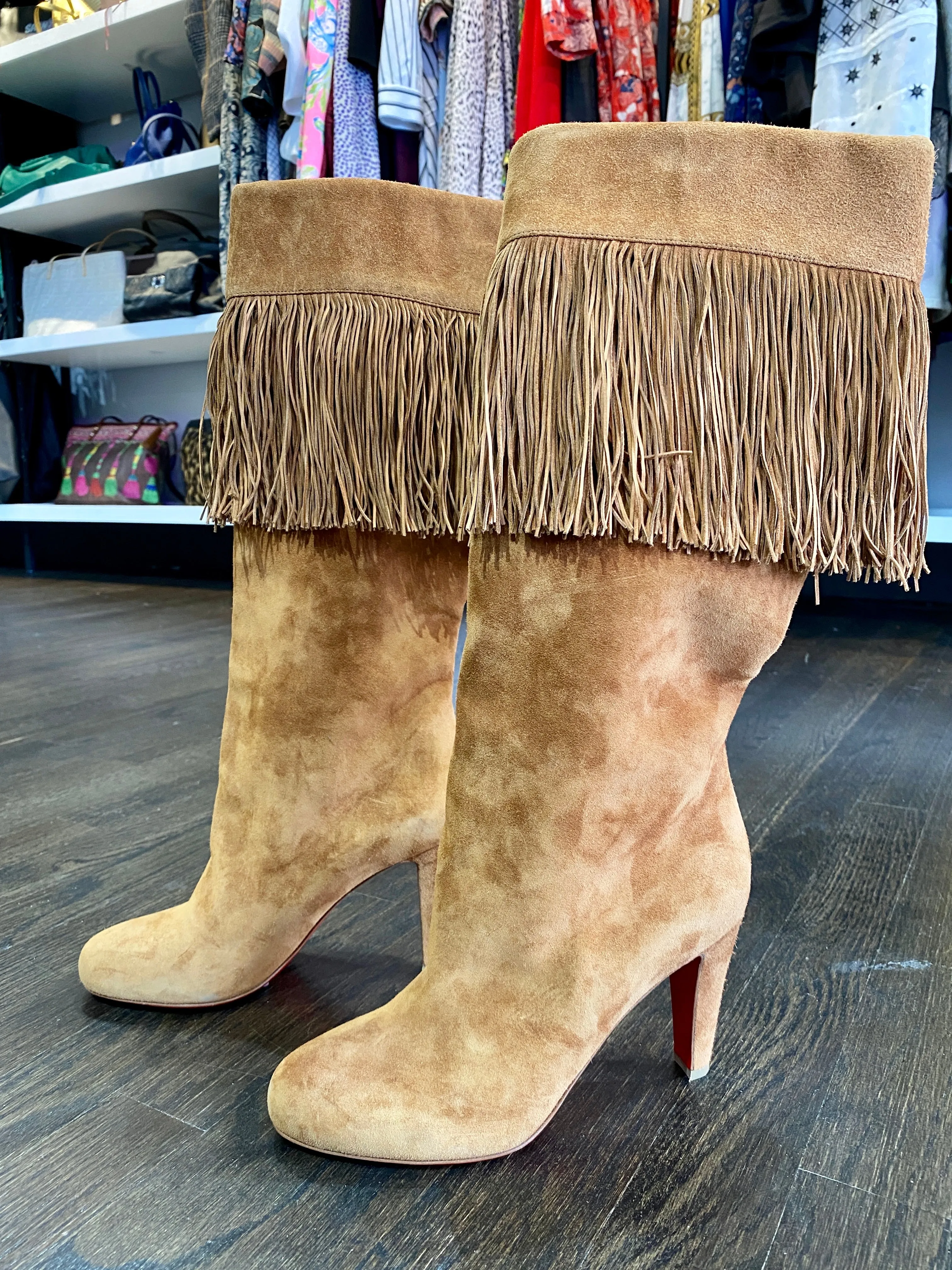 Christian Louboutin Suede Fringe Mid Calf Boot