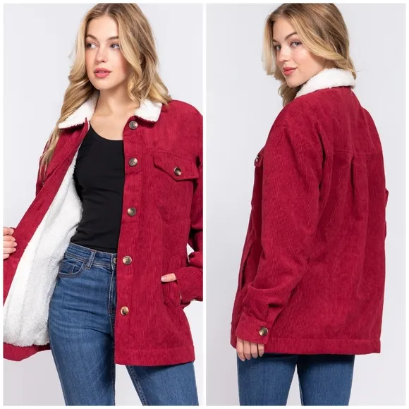 Cozy Burgundy Long Trucker Corduroy Sherpa Lined Jacket
