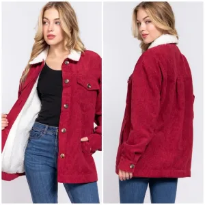 Cozy Burgundy Long Trucker Corduroy Sherpa Lined Jacket
