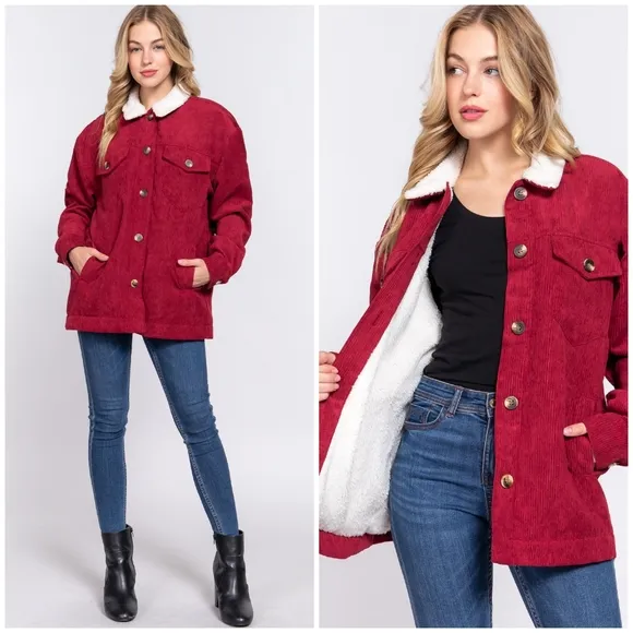 Cozy Burgundy Long Trucker Corduroy Sherpa Lined Jacket