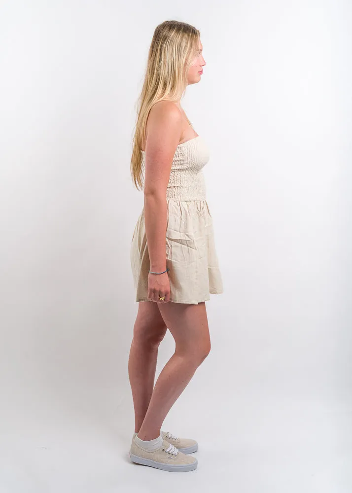 Daisy Street Linen Bandeau Shirred Mini Dress - Cream