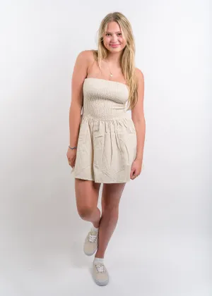 Daisy Street Linen Bandeau Shirred Mini Dress - Cream