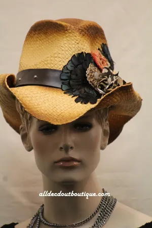 Decorative Cowgirl Hat | Handmade w/Leather Strap and Flower Design