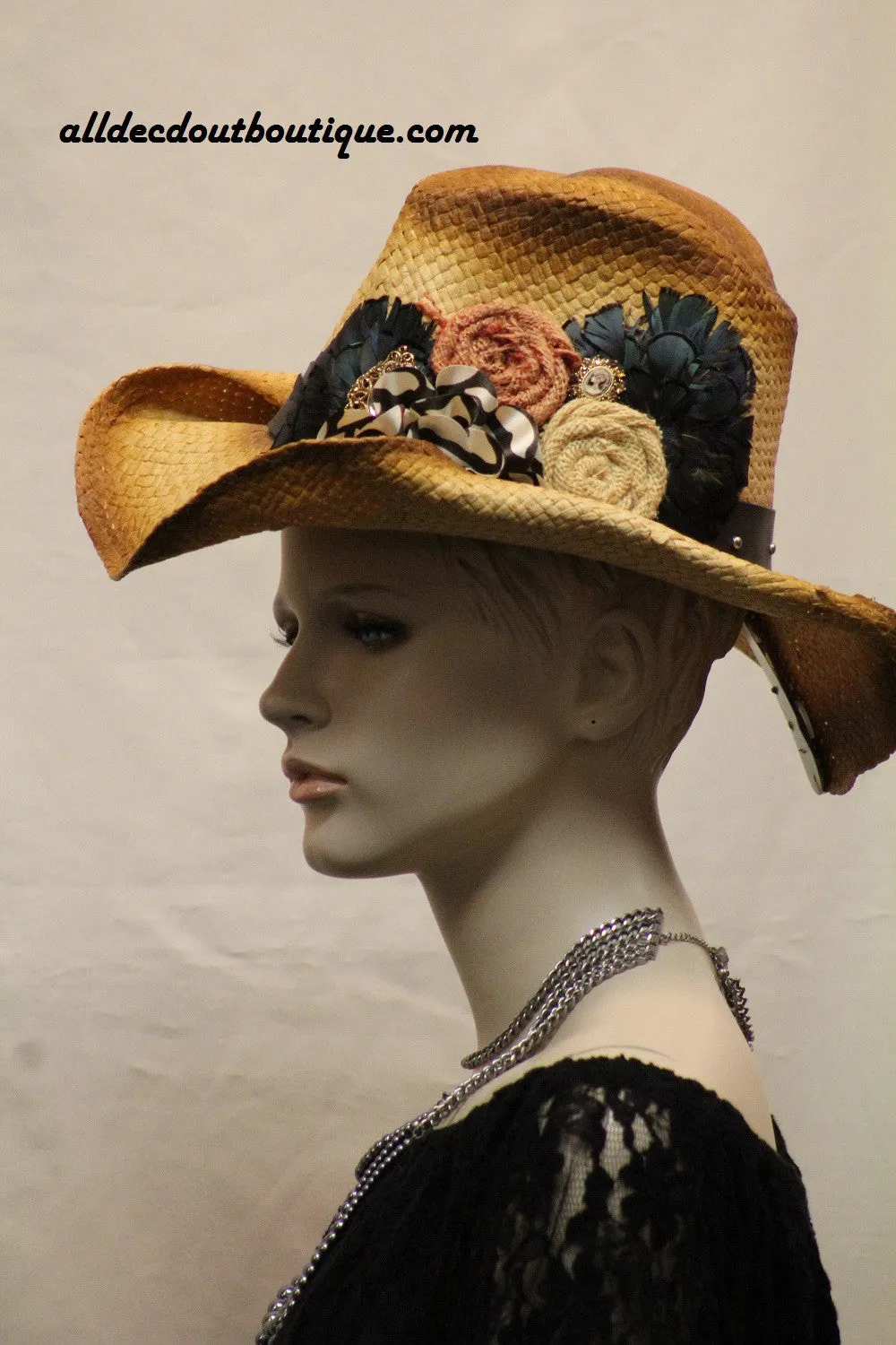 Decorative Cowgirl Hat | Handmade w/Leather Strap and Flower Design