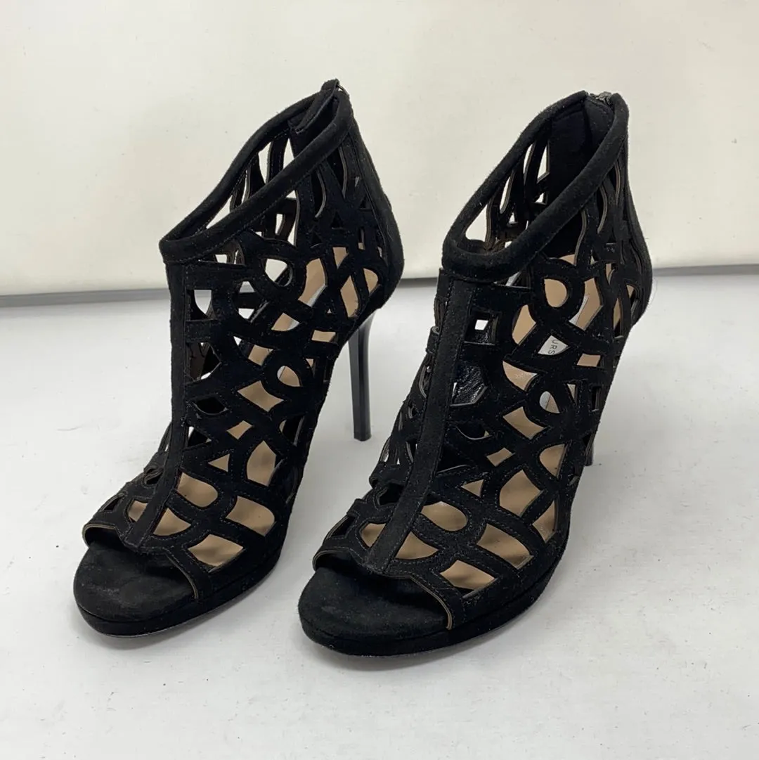 Diane Von Furstenberg Black Suede Caged Heel Sandal with Back Zipper