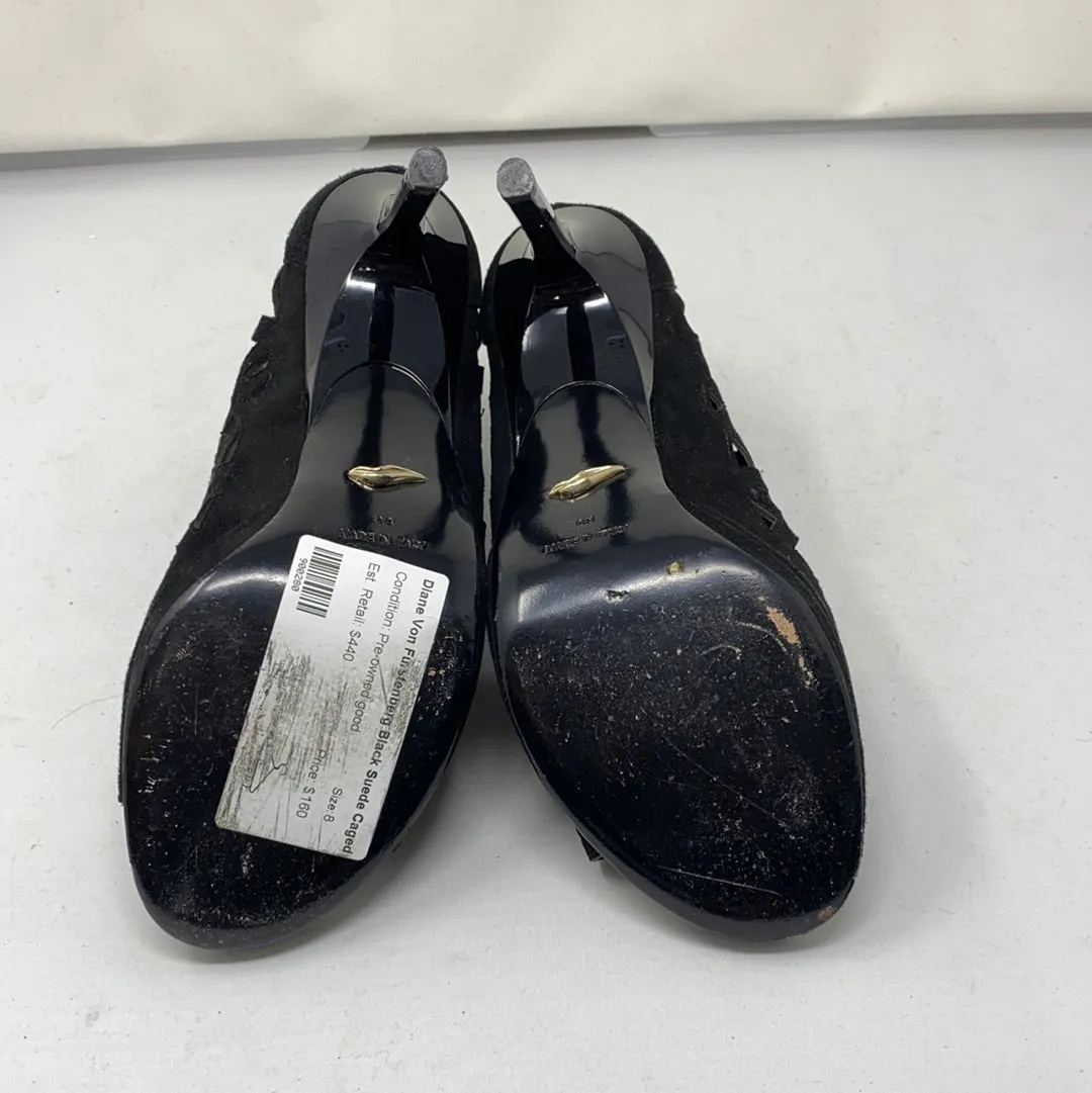 Diane Von Furstenberg Black Suede Caged Heel Sandal with Back Zipper