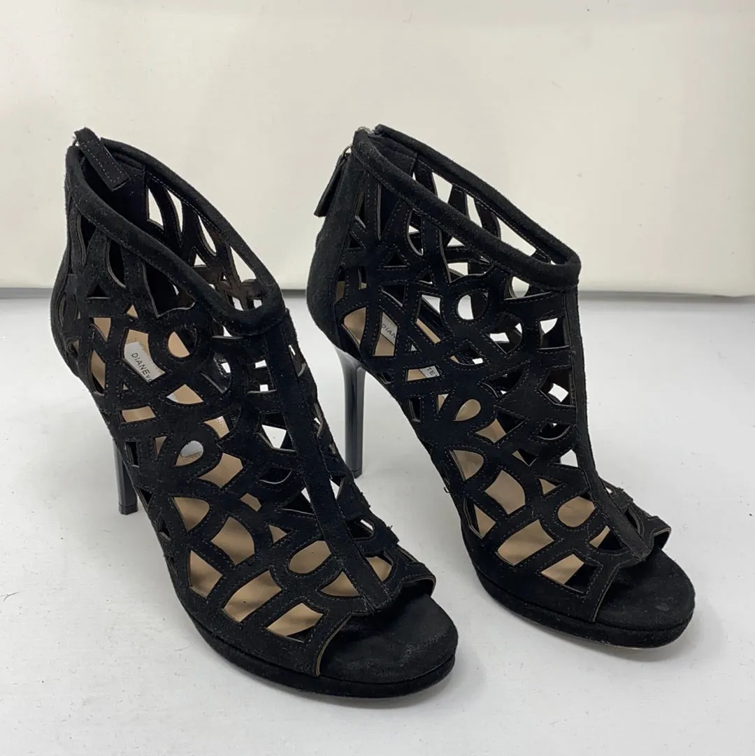 Diane Von Furstenberg Black Suede Caged Heel Sandal with Back Zipper
