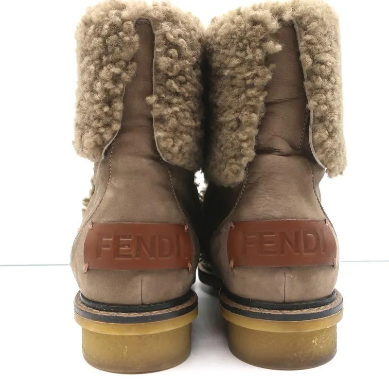 Fendi Foldover Shearling Ankle Boots Taupe Suede Size 37.5 Flat Booties