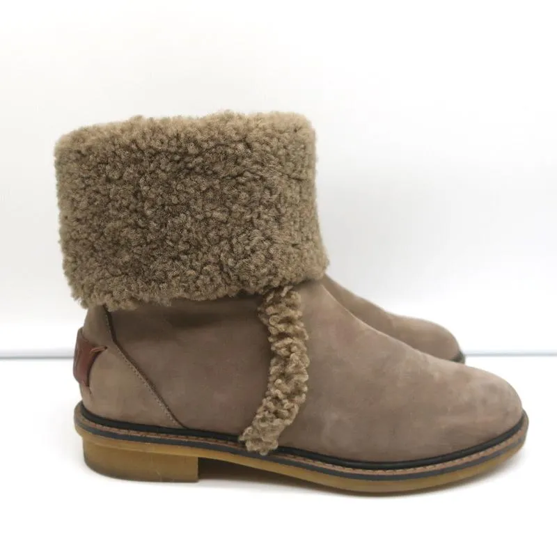 Fendi Foldover Shearling Ankle Boots Taupe Suede Size 37.5 Flat Booties