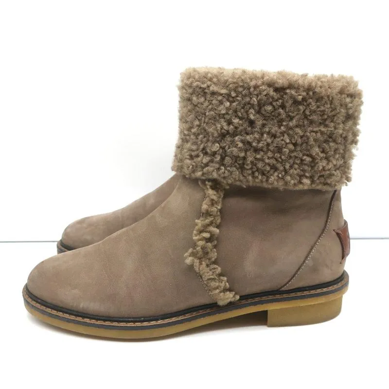 Fendi Foldover Shearling Ankle Boots Taupe Suede Size 37.5 Flat Booties