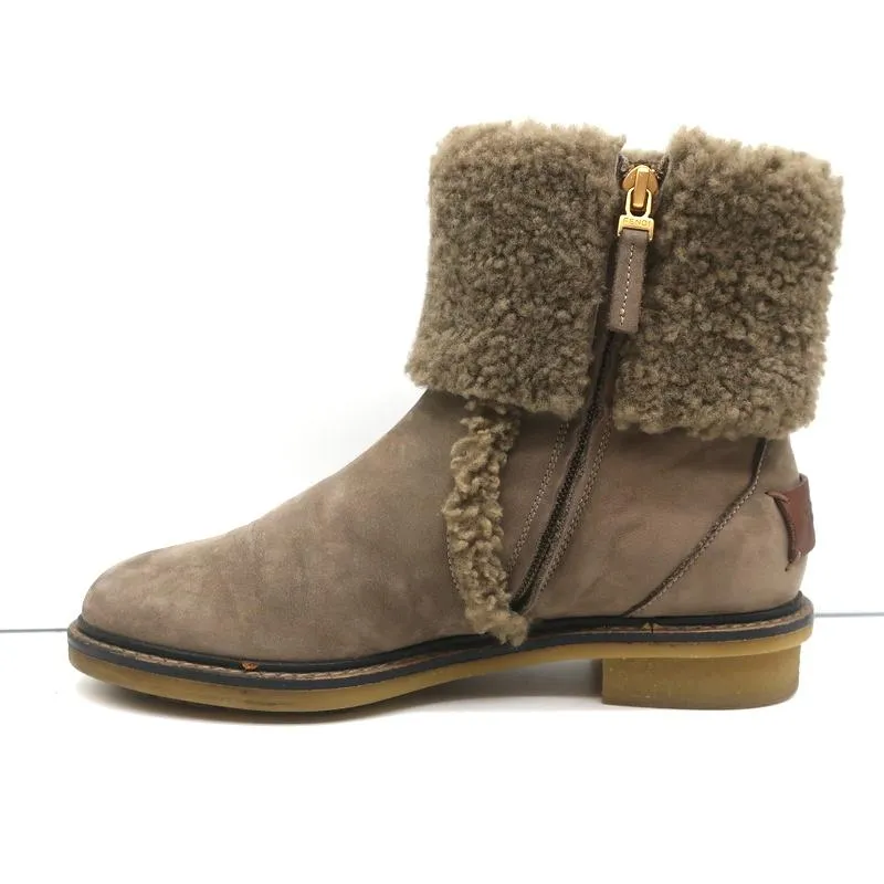 Fendi Foldover Shearling Ankle Boots Taupe Suede Size 37.5 Flat Booties