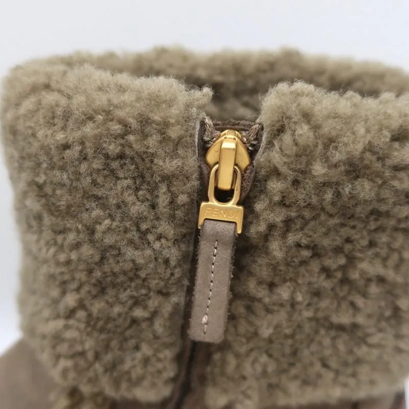 Fendi Foldover Shearling Ankle Boots Taupe Suede Size 37.5 Flat Booties