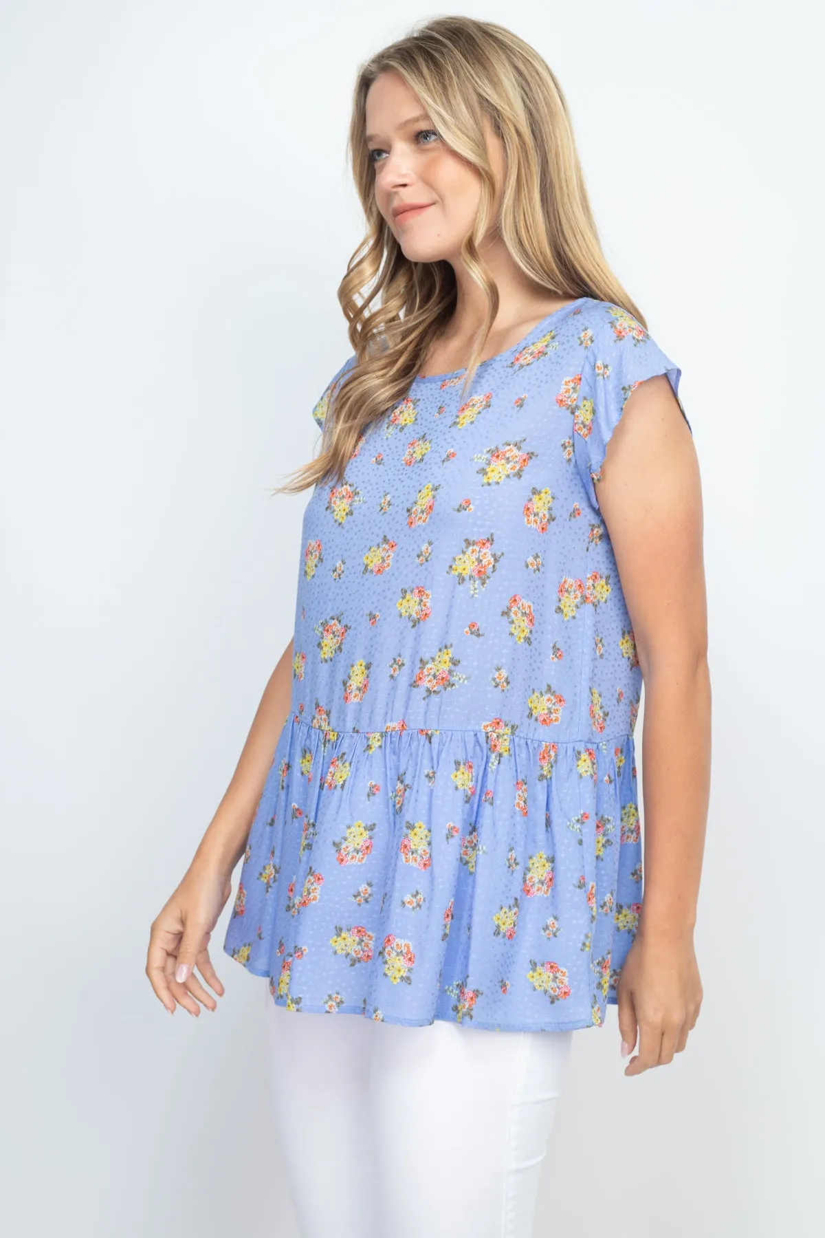 Floral Print Challis Dobby Ruffle Hem Top