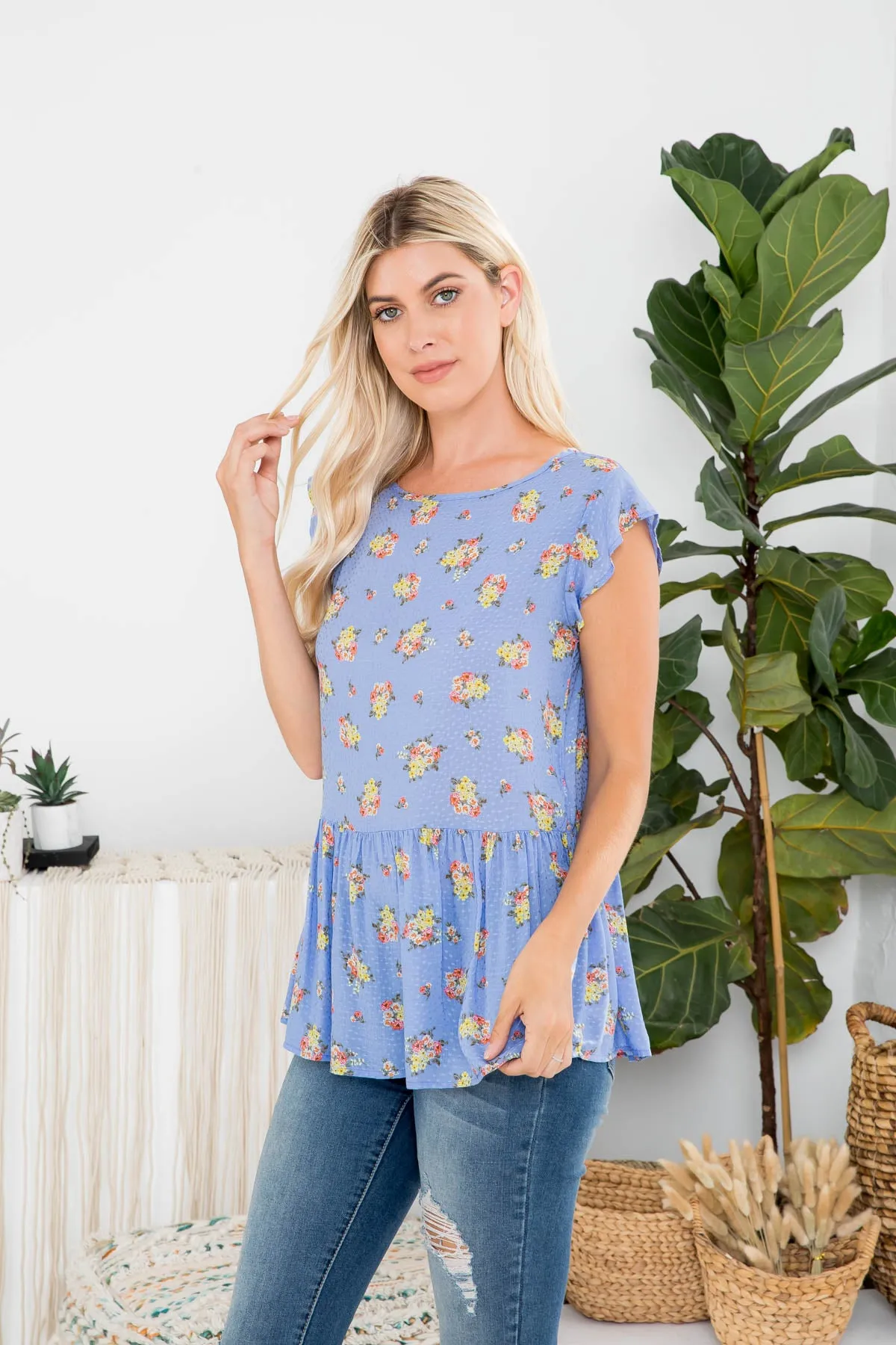 Floral Print Challis Dobby Ruffle Hem Top