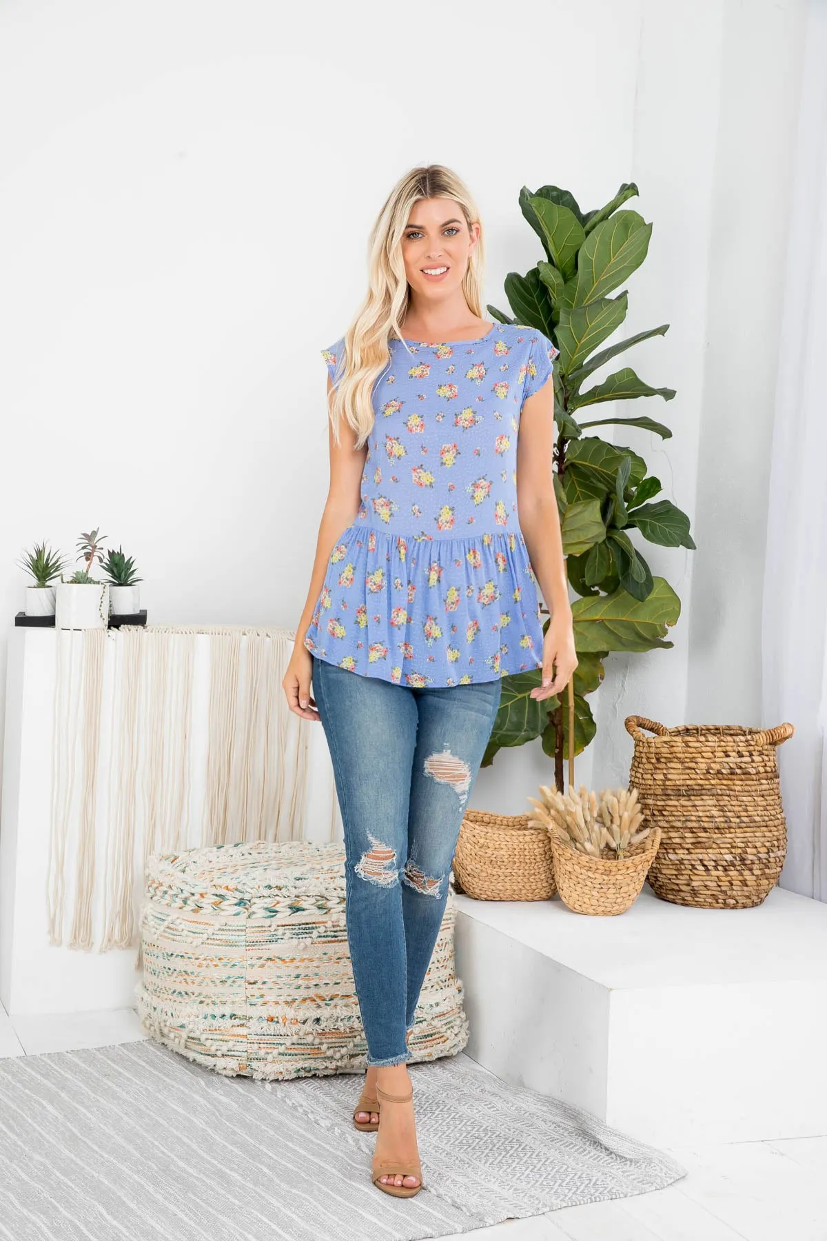 Floral Print Challis Dobby Ruffle Hem Top