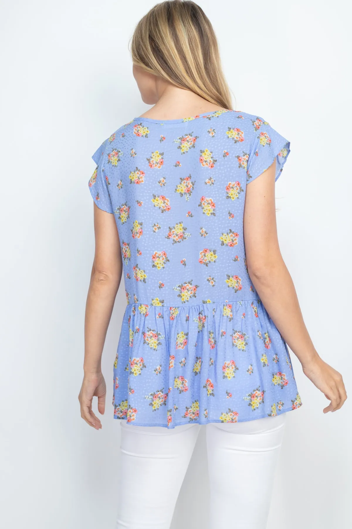 Floral Print Challis Dobby Ruffle Hem Top