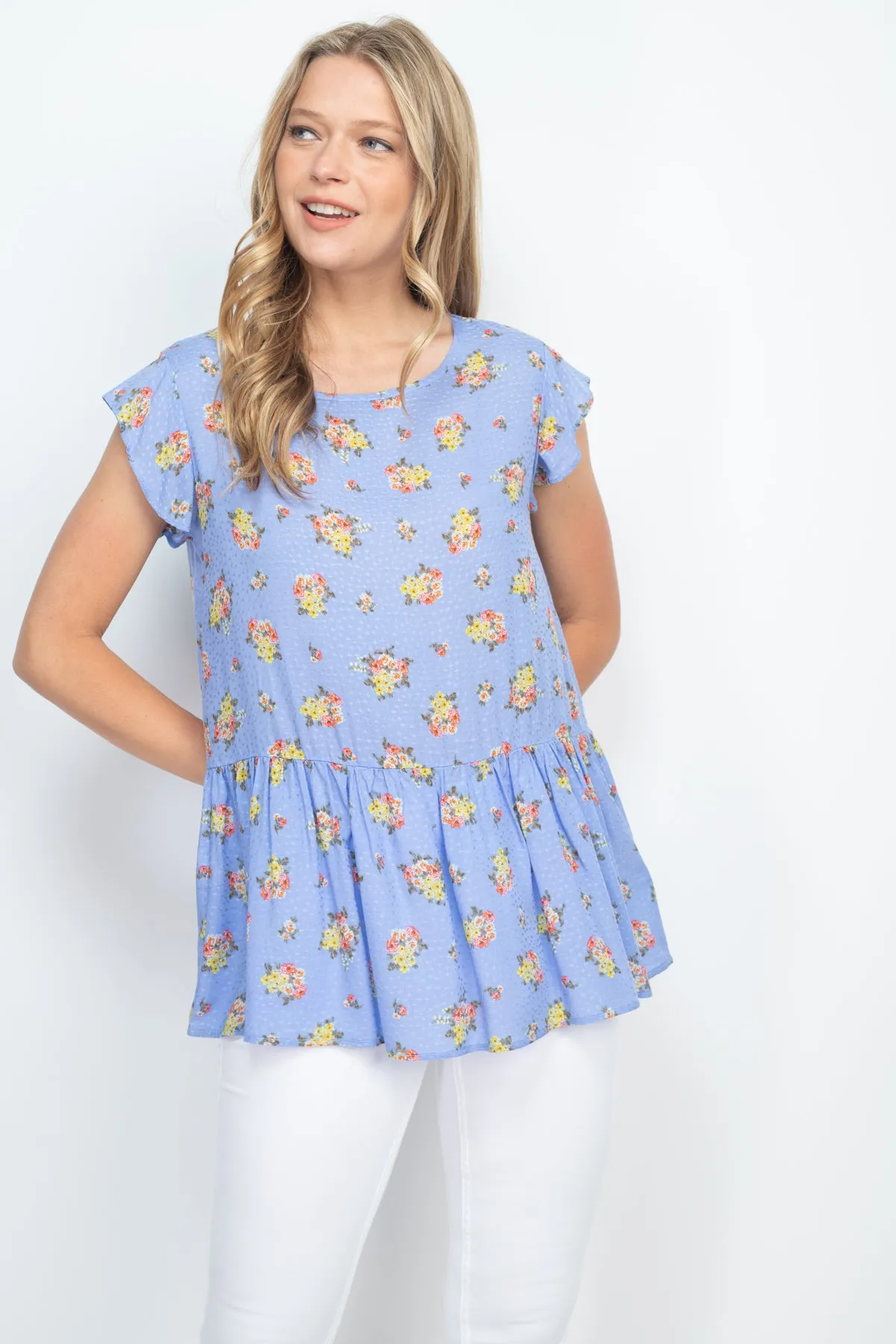 Floral Print Challis Dobby Ruffle Hem Top