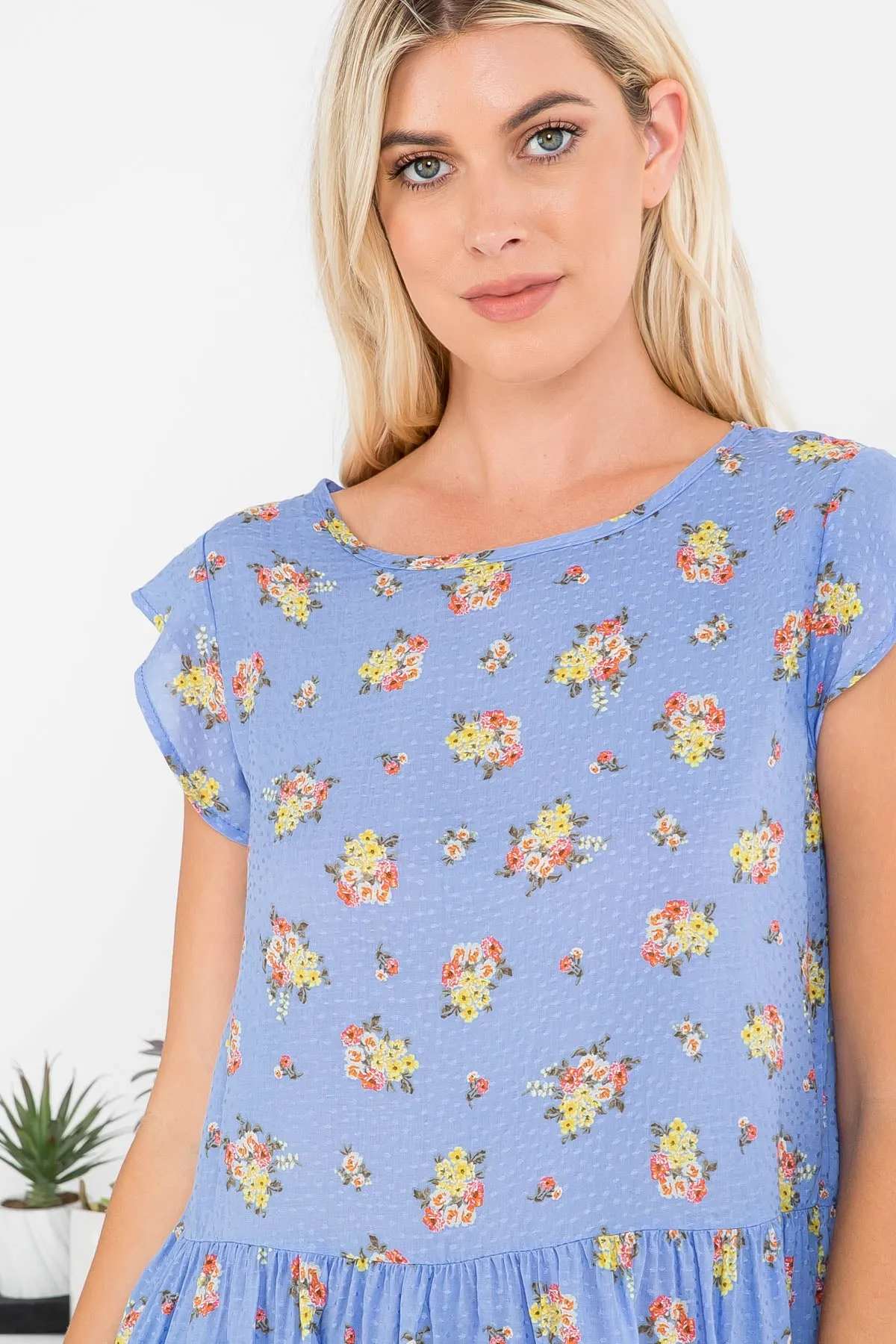 Floral Print Challis Dobby Ruffle Hem Top