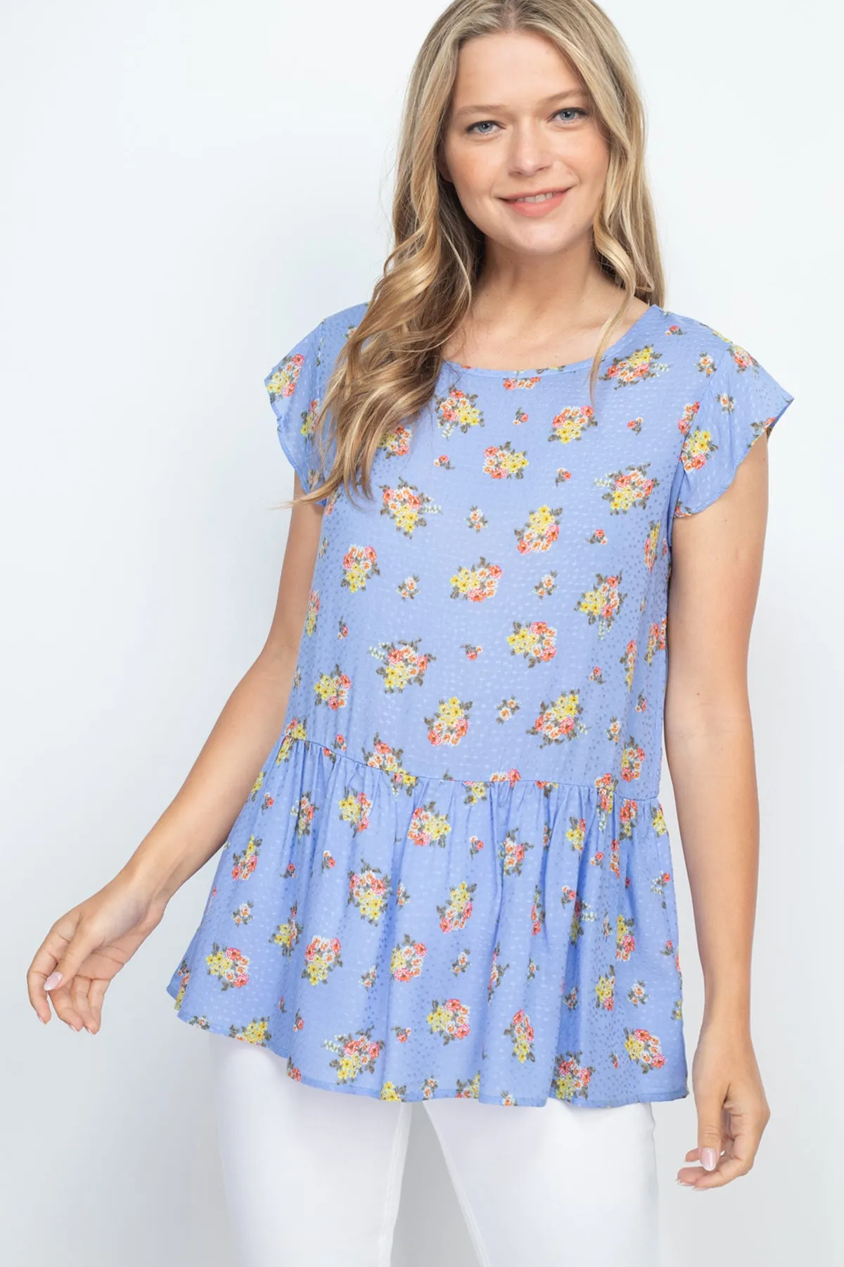 Floral Print Challis Dobby Ruffle Hem Top