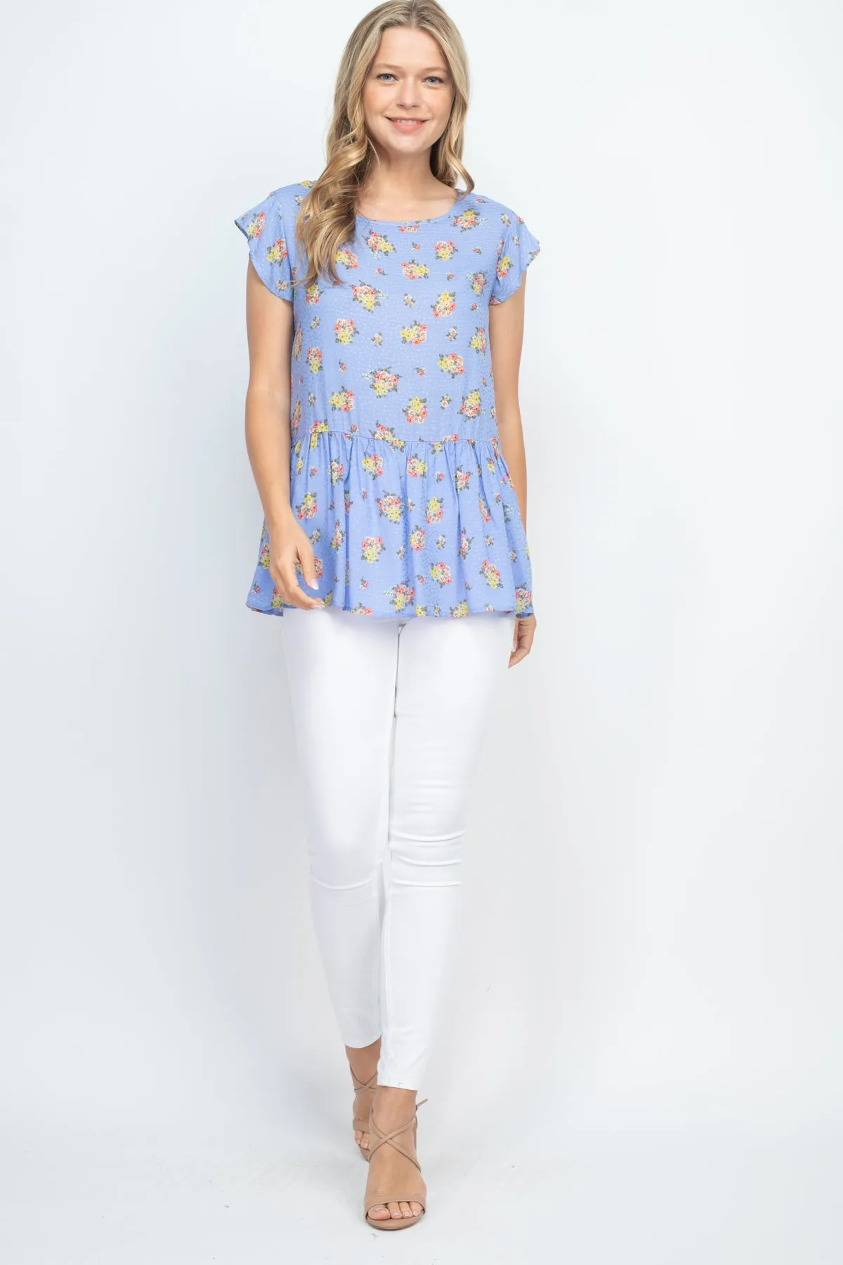 Floral Print Challis Dobby Ruffle Hem Top