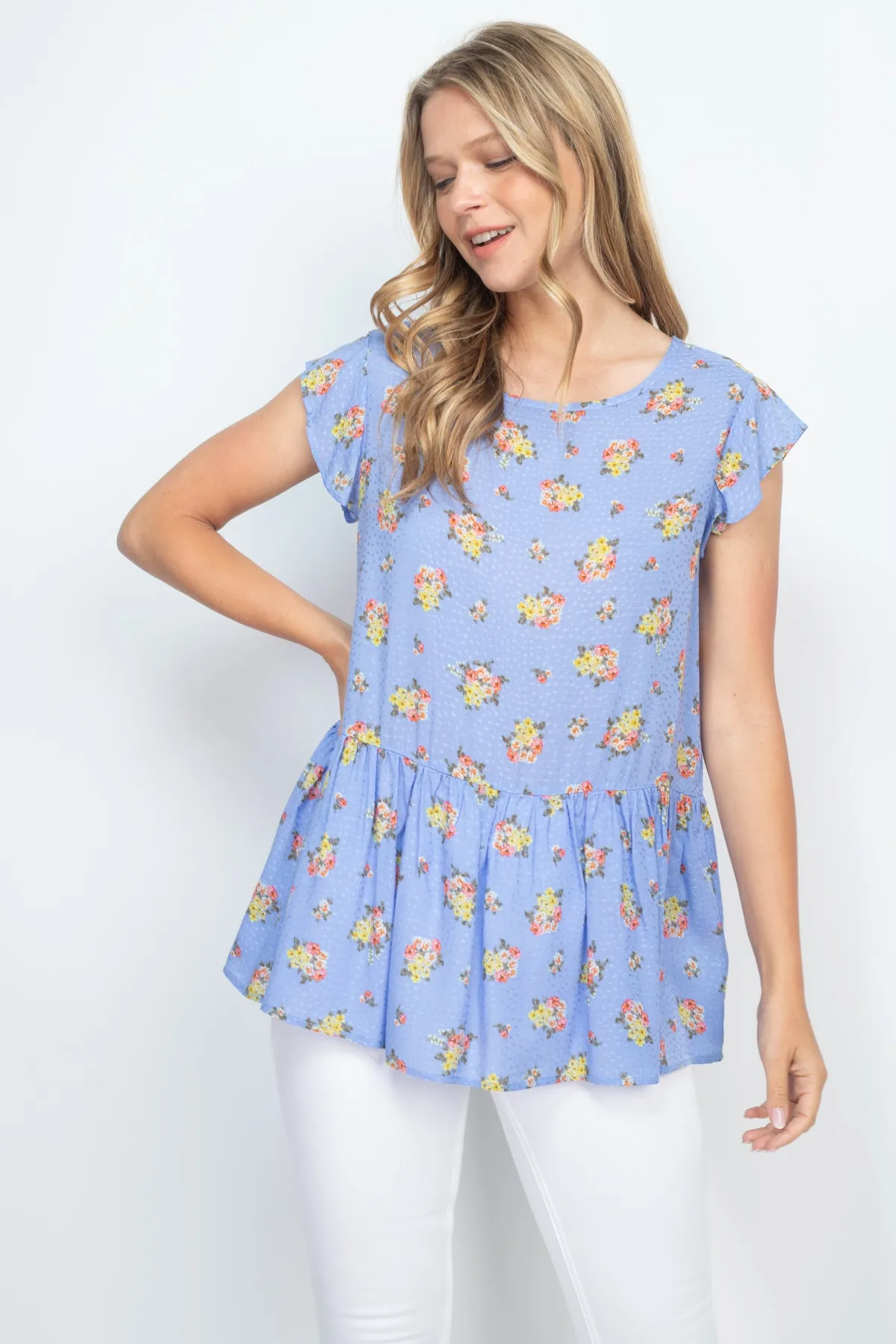 Floral Print Challis Dobby Ruffle Hem Top