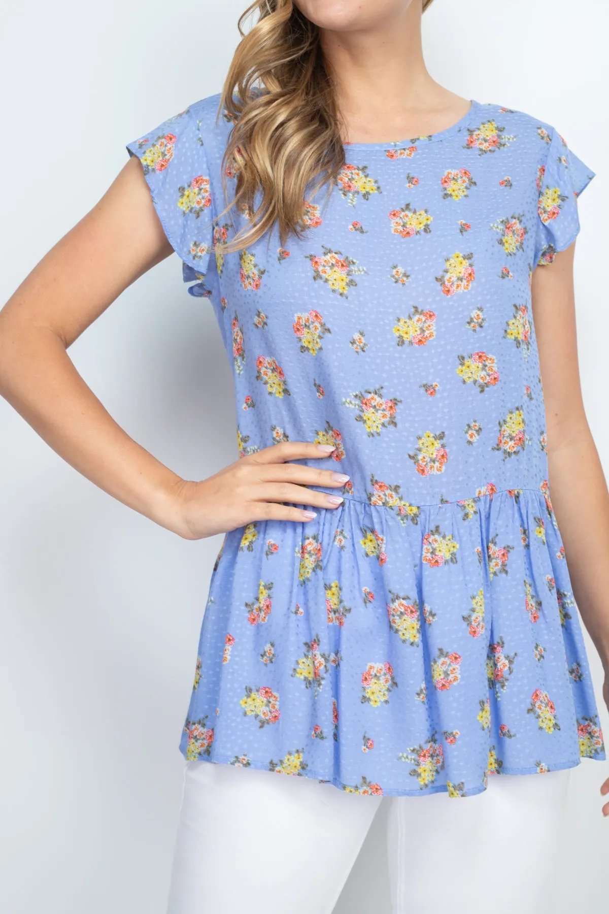 Floral Print Challis Dobby Ruffle Hem Top