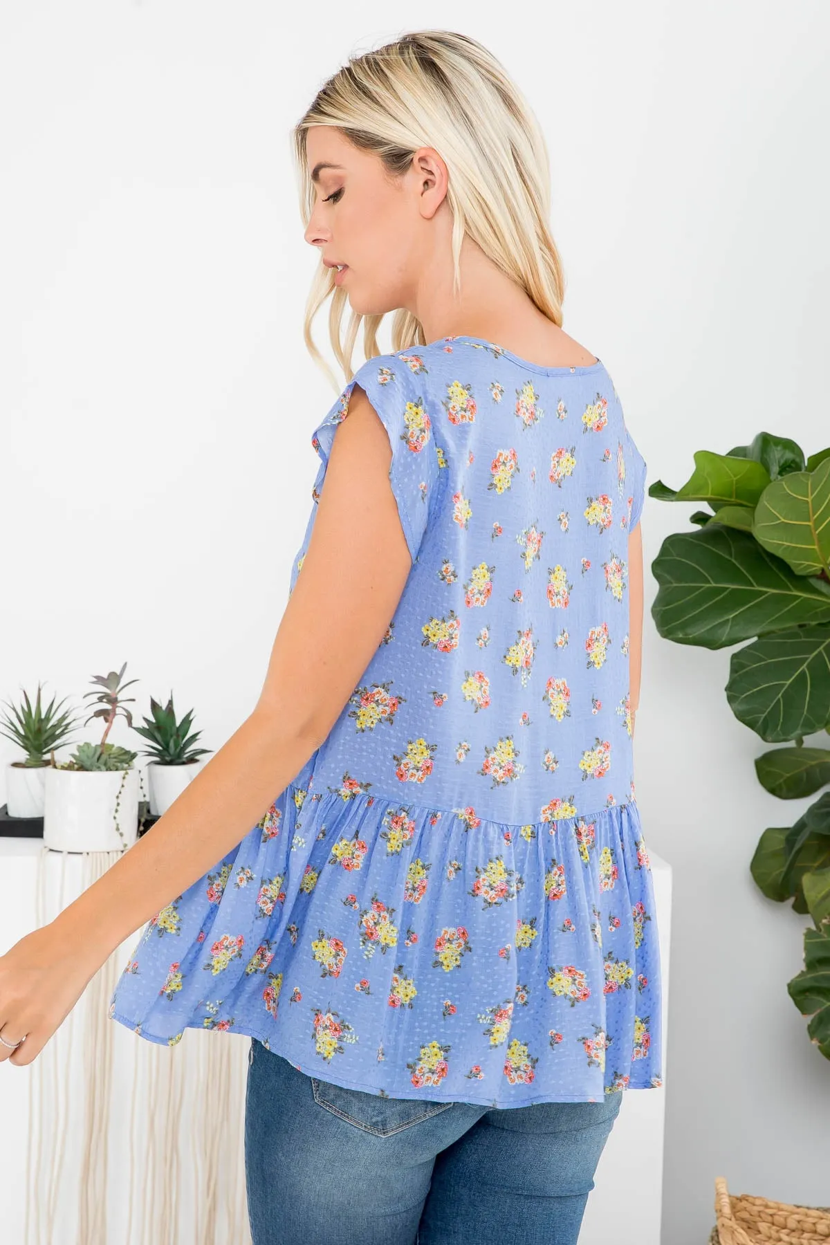 Floral Print Challis Dobby Ruffle Hem Top
